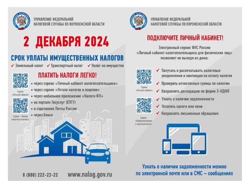 Срок уплаты имущественных налогов – 2 декабря 2024 года.