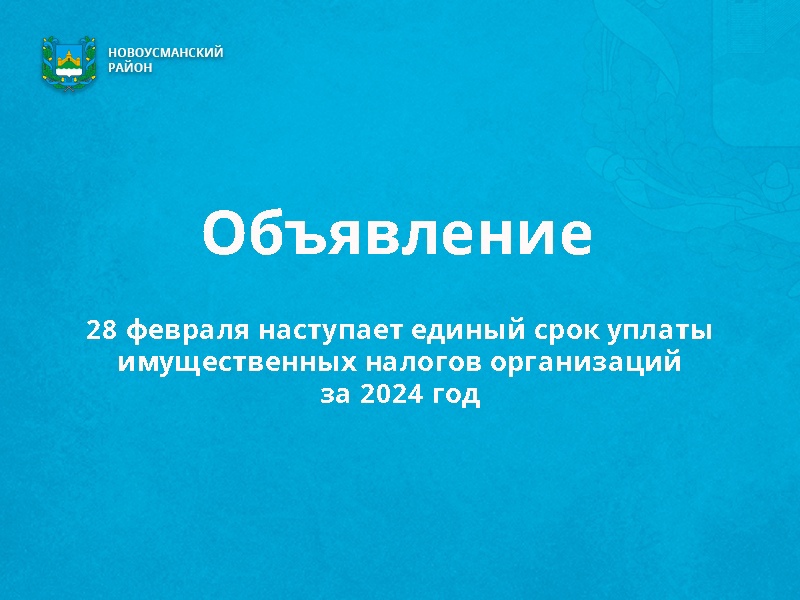 28 февраля наступает единый срок уплаты имущественных налогов организаций за 2024 год.